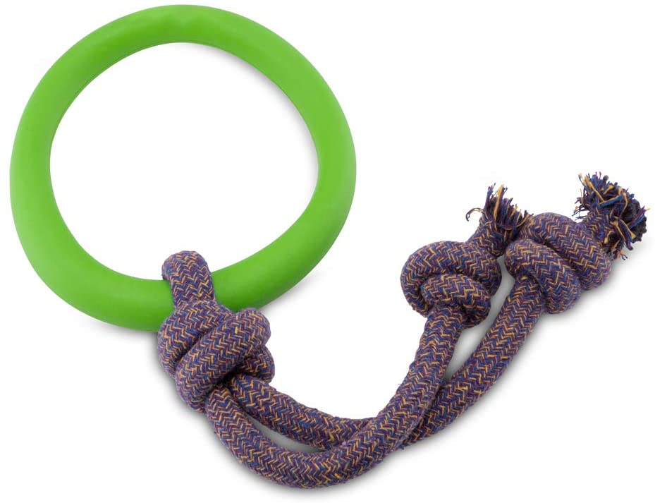 Beco Hoop on Rope - Natural Rubber Hoop and Cotton Rope Tug and Chew Toy for Dogs - L - Green